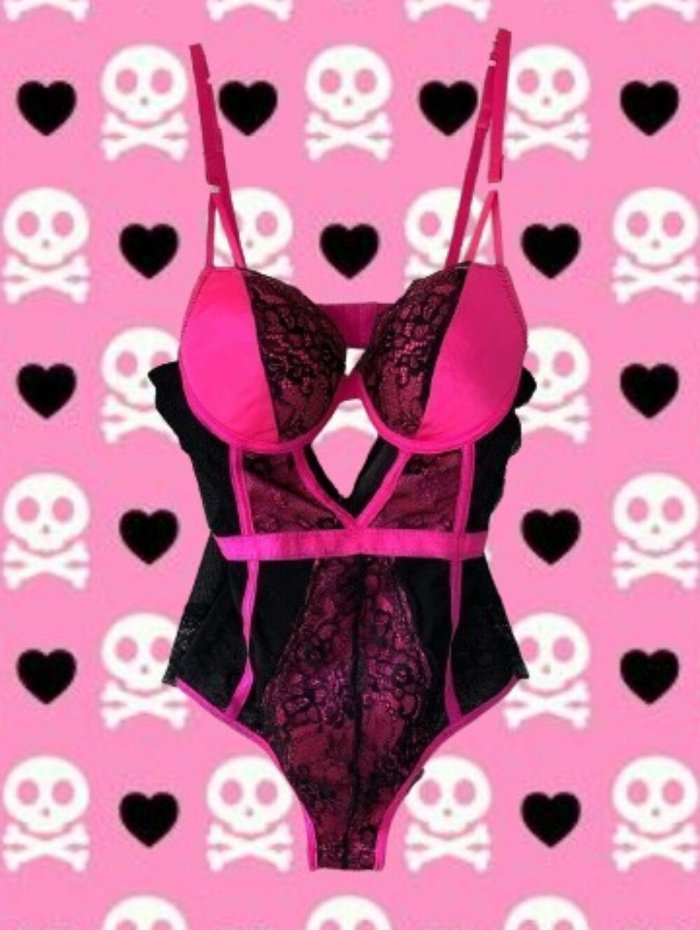 Mallgoth Hot Pink And Black Lace Corset Bodysuit